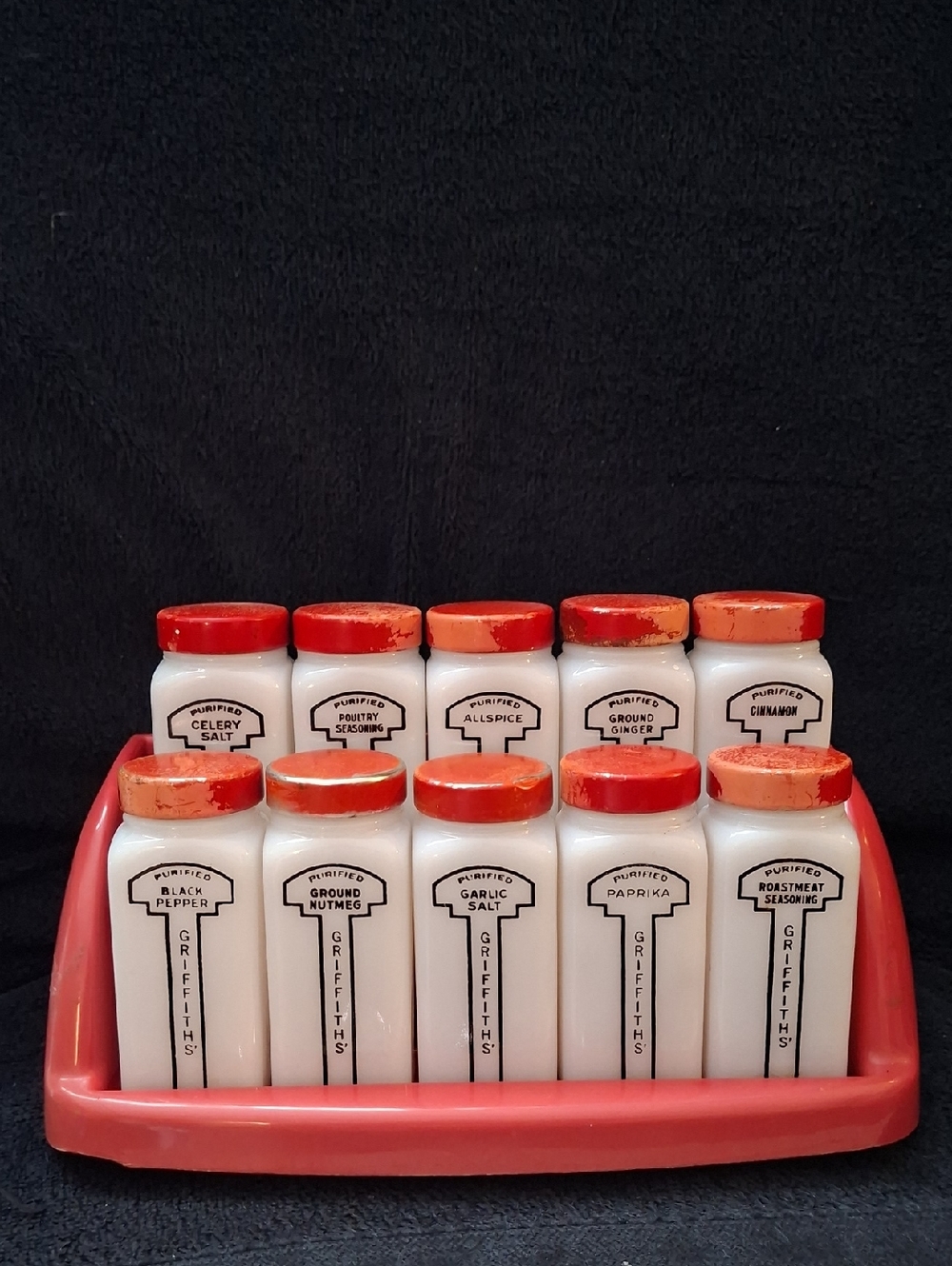 Vintage 1950s Spice Jar Set with Red Lids - 12 Piece